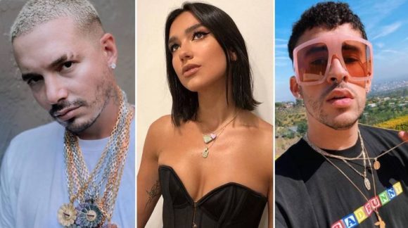 J Balvin (izquierda), Dua Lipa (centro) y Band Bunny (derecha) son cantantes